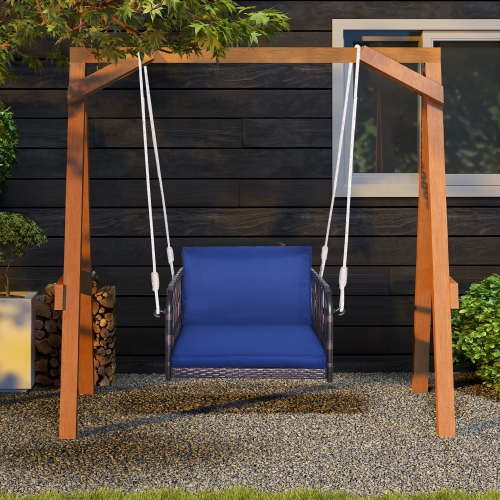 Gymax Patio Rattan Porch Swing Single Person Hanging Seat w/ Seat & Back Cushions Backyard