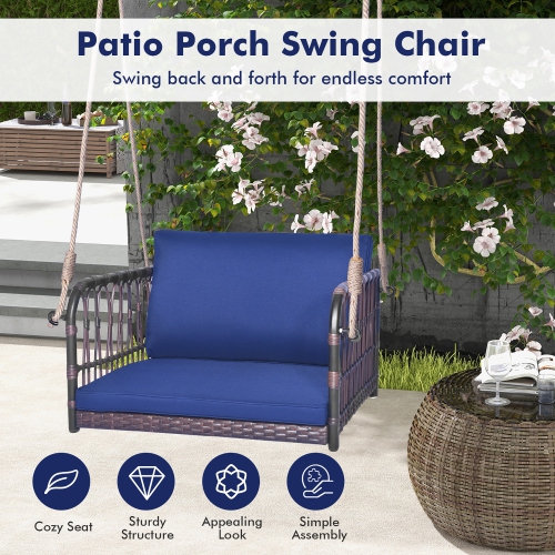 Gymax Patio Rattan Porch Swing Single Person Hanging Seat w/ Seat & Back Cushions Backyard