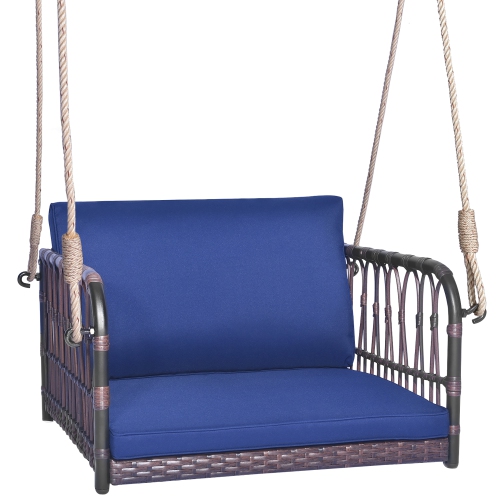 Gymax Patio Rattan Porch Swing Single Person Hanging Seat w/ Seat & Back Cushions Backyard