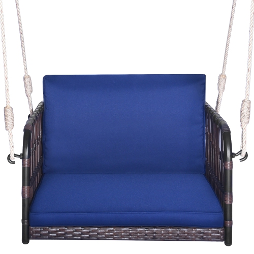 Gymax Patio Rattan Porch Swing Single Person Hanging Seat w/ Seat & Back Cushions Backyard