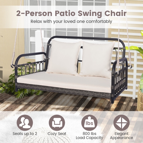 Gymax Outdoor Wicker Porch Swing 2-Person Hanging Seat w/ Seat & Back Cushions Backyard