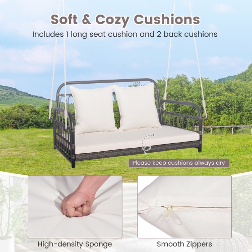 Gymax Outdoor Wicker Porch Swing 2-Person Hanging Seat w/ Seat & Back Cushions Backyard