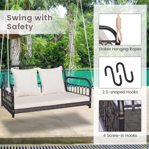 Gymax Outdoor Wicker Porch Swing 2-Person Hanging Seat w/ Seat & Back Cushions Backyard