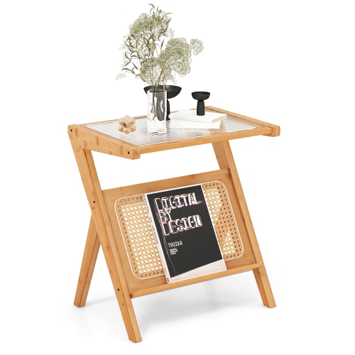 Gymax 2 Pieces Boho End Table with Magazine Rack Versatile Bamboo Bedside Table w/ Rattan Shelf Natural