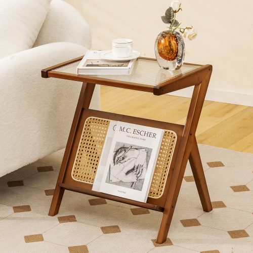 Gymax 2 Pieces Boho End Table with Magazine Rack Versatile Bamboo Bedside Table w/ Rattan Shelf Walnut