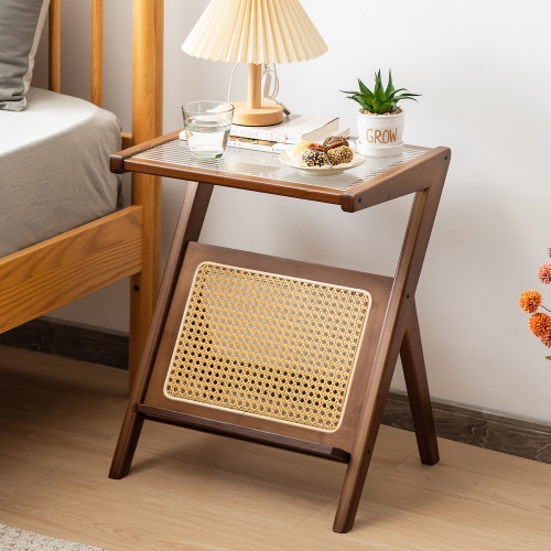 Gymax 2 Pieces Boho End Table with Magazine Rack Versatile Bamboo Bedside Table w/ Rattan Shelf Walnut