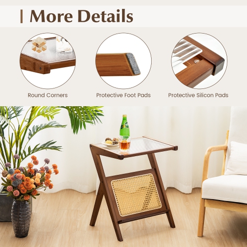 Gymax 2 Pieces Boho End Table with Magazine Rack Versatile Bamboo Bedside Table w/ Rattan Shelf Walnut