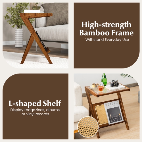 Gymax 2 Pieces Boho End Table with Magazine Rack Versatile Bamboo Bedside Table w/ Rattan Shelf Walnut