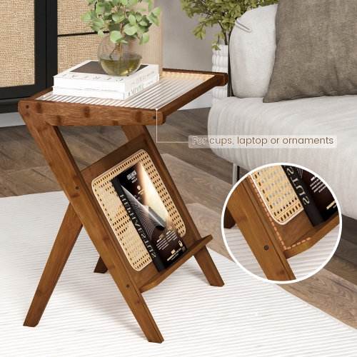Gymax 2 Pieces Boho End Table with Magazine Rack Versatile Bamboo Bedside Table w/ Rattan Shelf Walnut