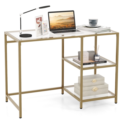 GYMAX  Computer Desk Tempered Glass Workstation Vanity Table W/ 2-Tier Storage Shelves