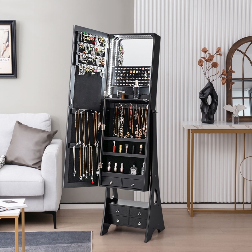 Gymax Jewelry Cabinet Armoire Full Length LED Mirror W/ 6 Drawers & Makeup Shelf Black