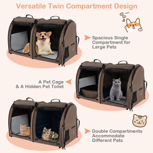 Gymax Portable Pet Carrier Kennel Cat Dog Crate Twin Compartments w/ Mats Litter Box