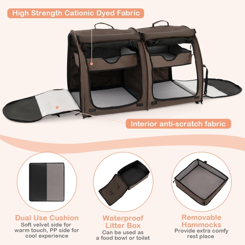 Gymax Portable Pet Carrier Kennel Cat Dog Crate Twin Compartments w/ Mats Litter Box