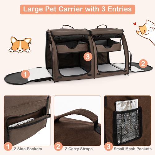 Gymax Portable Pet Carrier Kennel Cat Dog Crate Twin Compartments w/ Mats Litter Box