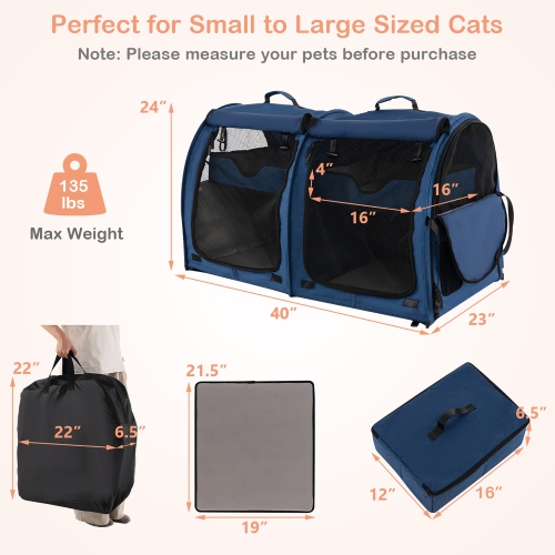 Gymax Portable Pet Carrier Kennel Cat Dog Crate Twin Compartments w/ Mats Litter Box