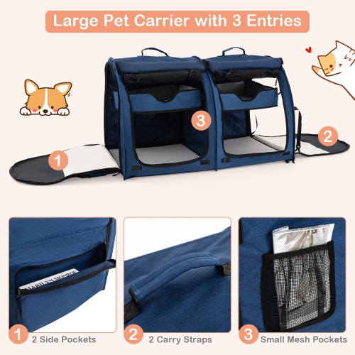 Gymax Portable Pet Carrier Kennel Cat Dog Crate Twin Compartments w/ Mats Litter Box