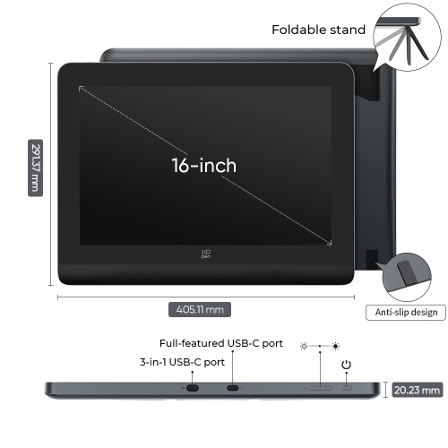 XPPen Artist Pro 16 écran graphique haute résolution de 16 po (2560 x 1600) moniteur de dessin avec stylet intelligent avancé X3 Pro 16384 niveaux de