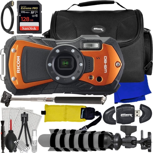 Ricoh WG-80 Digital Camera (Orange) 03128 - 10PC Accessory Bundle