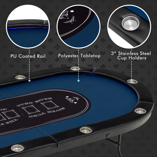 Costway Foldable 10 Player Poker Table Casino Texas Holdem W/ LED Lights USB Ports