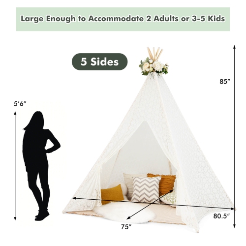 Costway 85" Height 5 Sides Huge Lace Play Tent for Kids Adult Wedding w/ Light Strings