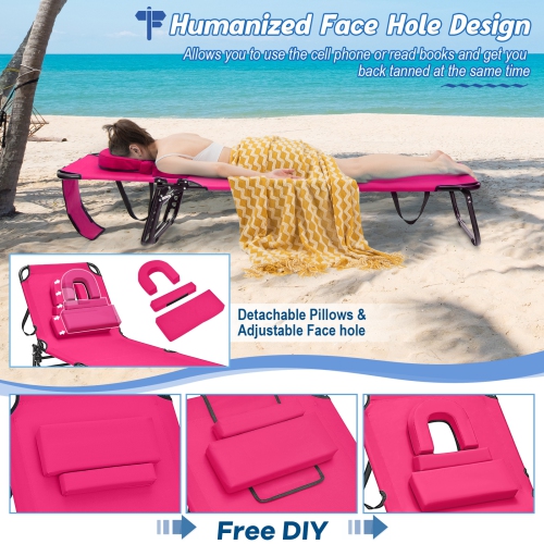 Costway 2 PCS Beach Chaise Lounge Chair with Face Hole Pillows & Adjustable Backrest