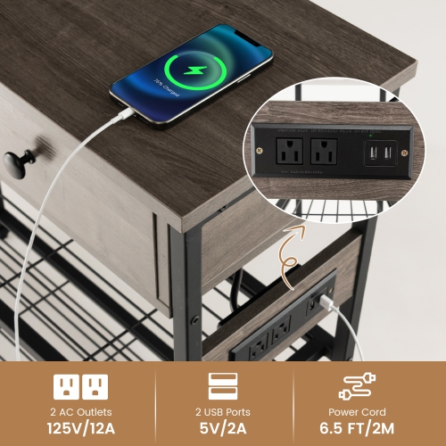Table d'entrée Costway avec station de chargement, console étroite, 2 tiroirs, brun/chêne