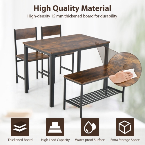 Costway 4pcs Dining Table Set Rustic Desk 2 Chairs & Bench with Storage Rack Brown/Grey/Coffee