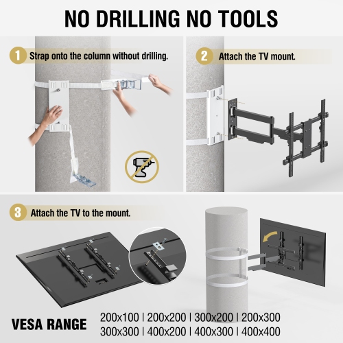 CondoMounts Full Motion LARGE Pillar TV Mount | Column TV Mount | Round & Square TV Post Mount | NO Drill | Holds 80lbs | Fits 32"-70" TVs | Fits