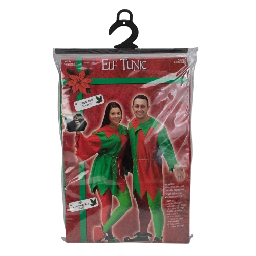 FUN WORLD  And Green Elf Tunic Adult Christmas Costume With Jingle Bells - One Size In Red