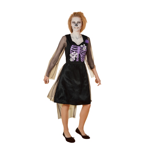 Black and Purple Skeleton Bride Women Adult Halloween Costume - Small