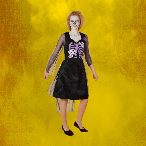 Black and Purple Skeleton Bride Women Adult Halloween Costume - Small