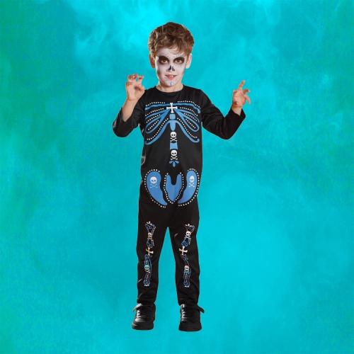 Black and Blue Skeleton One Piece Boy Child Halloween Costume - Small