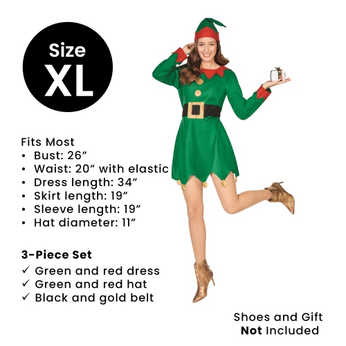 Women's Red and Green 2-Piece Elf Costume- Size XL