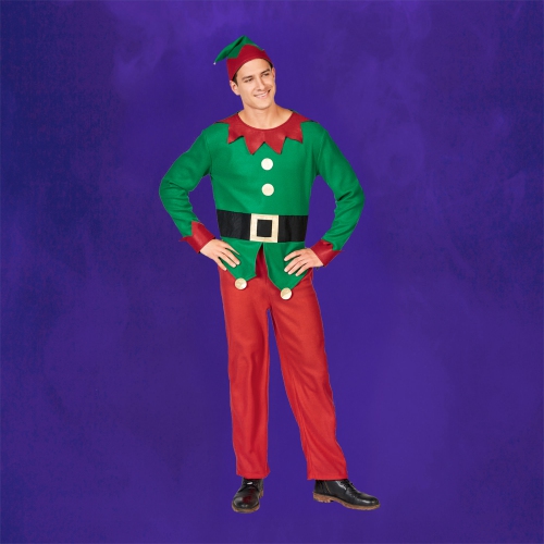 40" Red and Green Men's Elf Costume With a Christmas Santa Hat - Standard Size