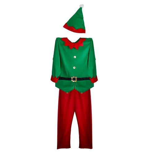40" Red and Green Men's Elf Costume With a Christmas Santa Hat - Standard Size