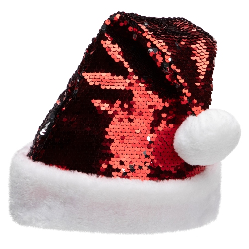 15" Red and Silver Reversible Sequined Christmas Santa Hat with Faux Fur Cuff