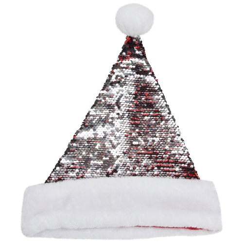 15" Red and Silver Reversible Sequined Christmas Santa Hat with Faux Fur Cuff