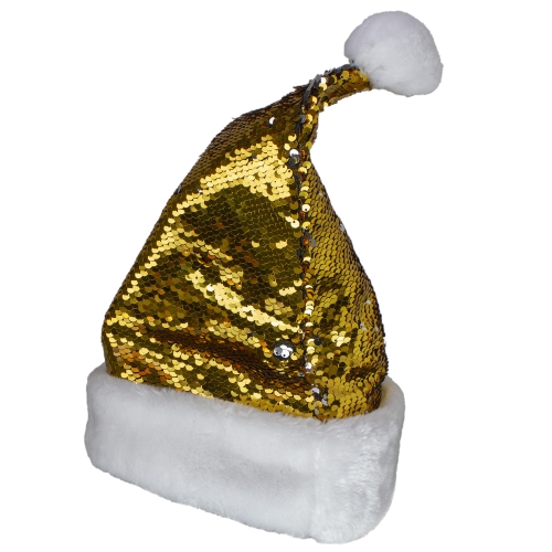 15" Gold and Silver Reversible Sequined Christmas Santa Hat with Faux Fur Cuff