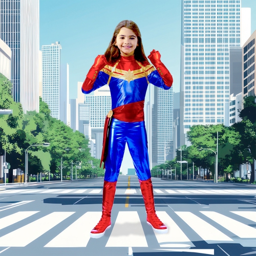 Costume de Capitaine Marvel pour enfants d'Halloween de Blue et Red Girls - petit 5-6