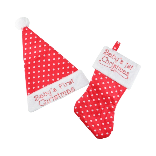 Image 1 of 1.. Red and White 'Baby's 1st Christmas' Infant Santa Hat with Stocking Costume Accessory - One Size