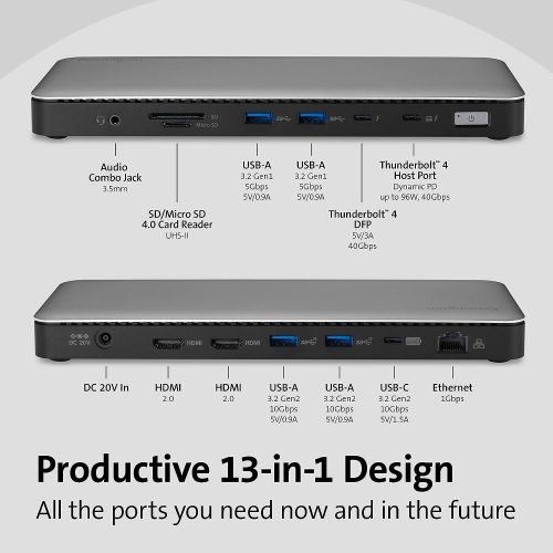 Kensington SD5760T Thunderbolt 4 Dual 4K Docking Station, 96W PD, 2 x HDMI, Thunderbolt Port, SD/Micro SD 4.0 Card Slots, Dual 4k 60Hz.