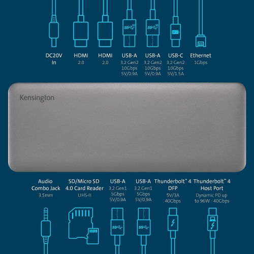 Kensington SD5760T Thunderbolt 4 Dual 4K Docking Station, 96W PD, 2 x HDMI, Thunderbolt Port, SD/Micro SD 4.0 Card Slots, Dual 4k 60Hz.