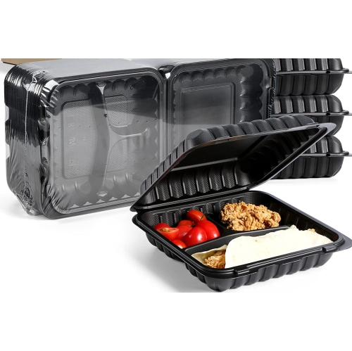 150-Count 3-Compartment Hinged Black Meal Prep/Take Out Containers - 9"