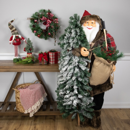 Standing Woodland Santa Claus with Flocked Alpine Tree Commercial Christmas Figure - 5'
