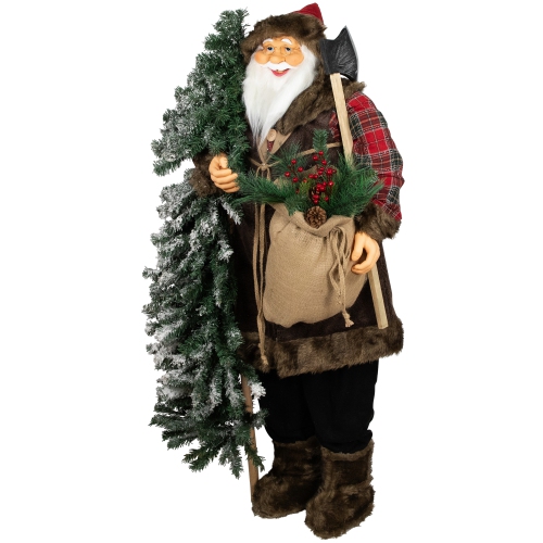 Standing Woodland Santa Claus with Flocked Alpine Tree Commercial Christmas Figure - 5'