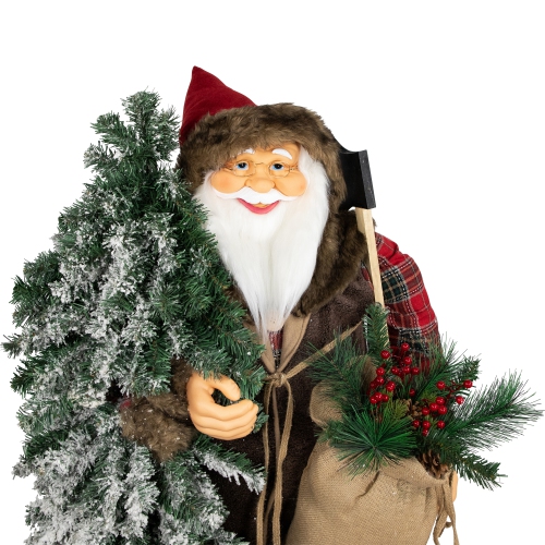 Standing Woodland Santa Claus with Flocked Alpine Tree Commercial Christmas Figure - 5'