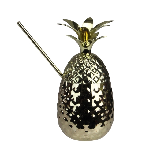 Gobelet d'été en forme d'ananas doré métallique de 7 po avec paille