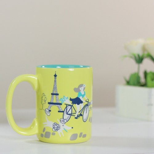 5" Decorative Yellow with Green, Blue and White Parisian Experience Drink Mug