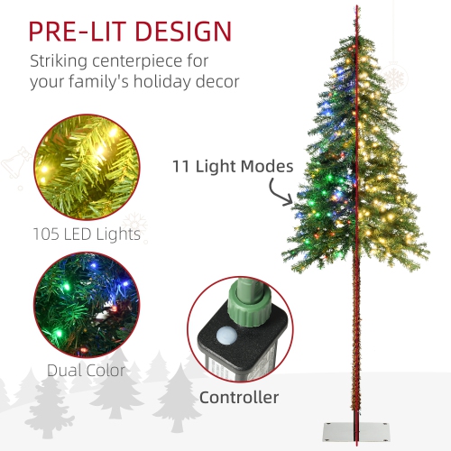 HOMCOM 6ft Tall Prelit Artificial Christmas Tree, Pencil Xmas Tree with 442 Branches, 175 Warm White or Colourful LED Lights, Steel Base