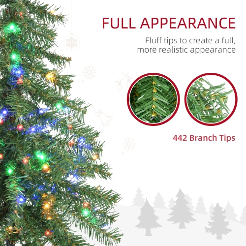 HOMCOM 6ft Tall Prelit Artificial Christmas Tree, Pencil Xmas Tree with 442 Branches, 175 Warm White or Colourful LED Lights, Steel Base